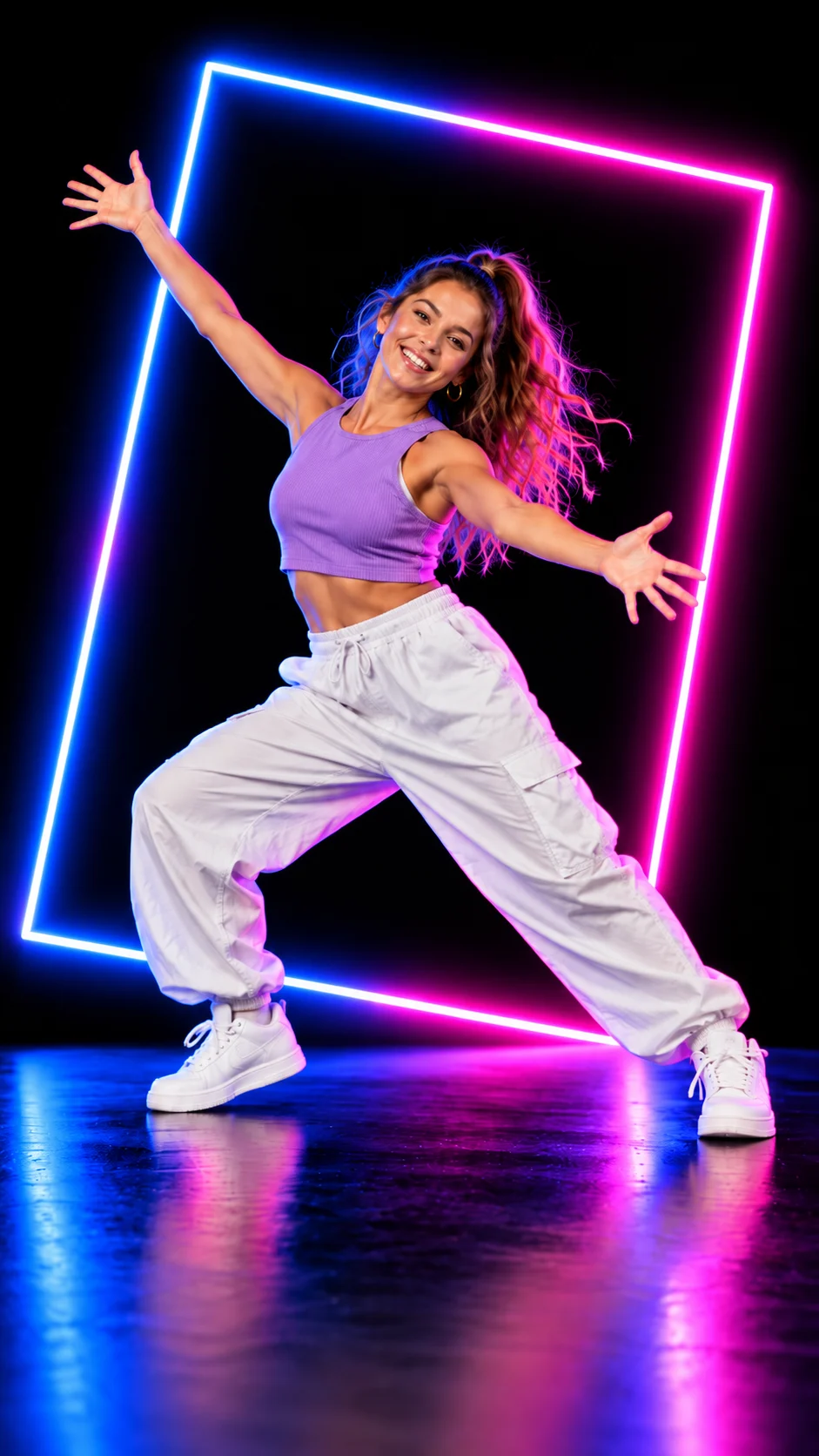 Een vrouw in een lila topje en witte cargobroek danst in een neonkader