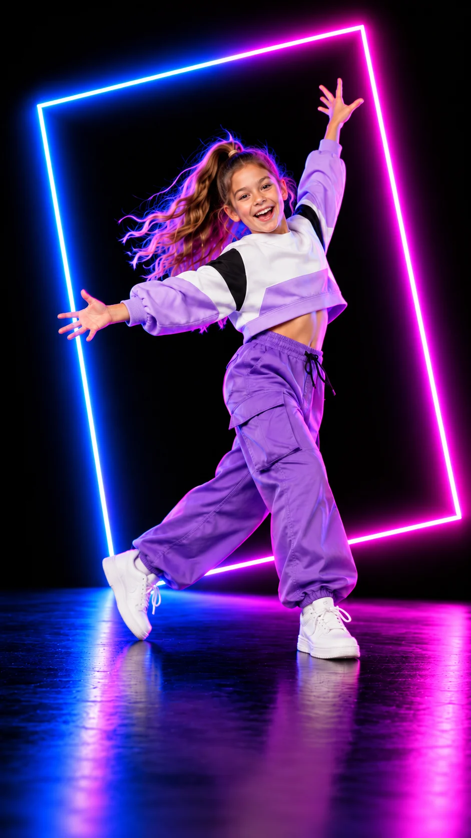Een meisje met krullend haar in een lila topje en paarse cargobroek danst in een neonkader