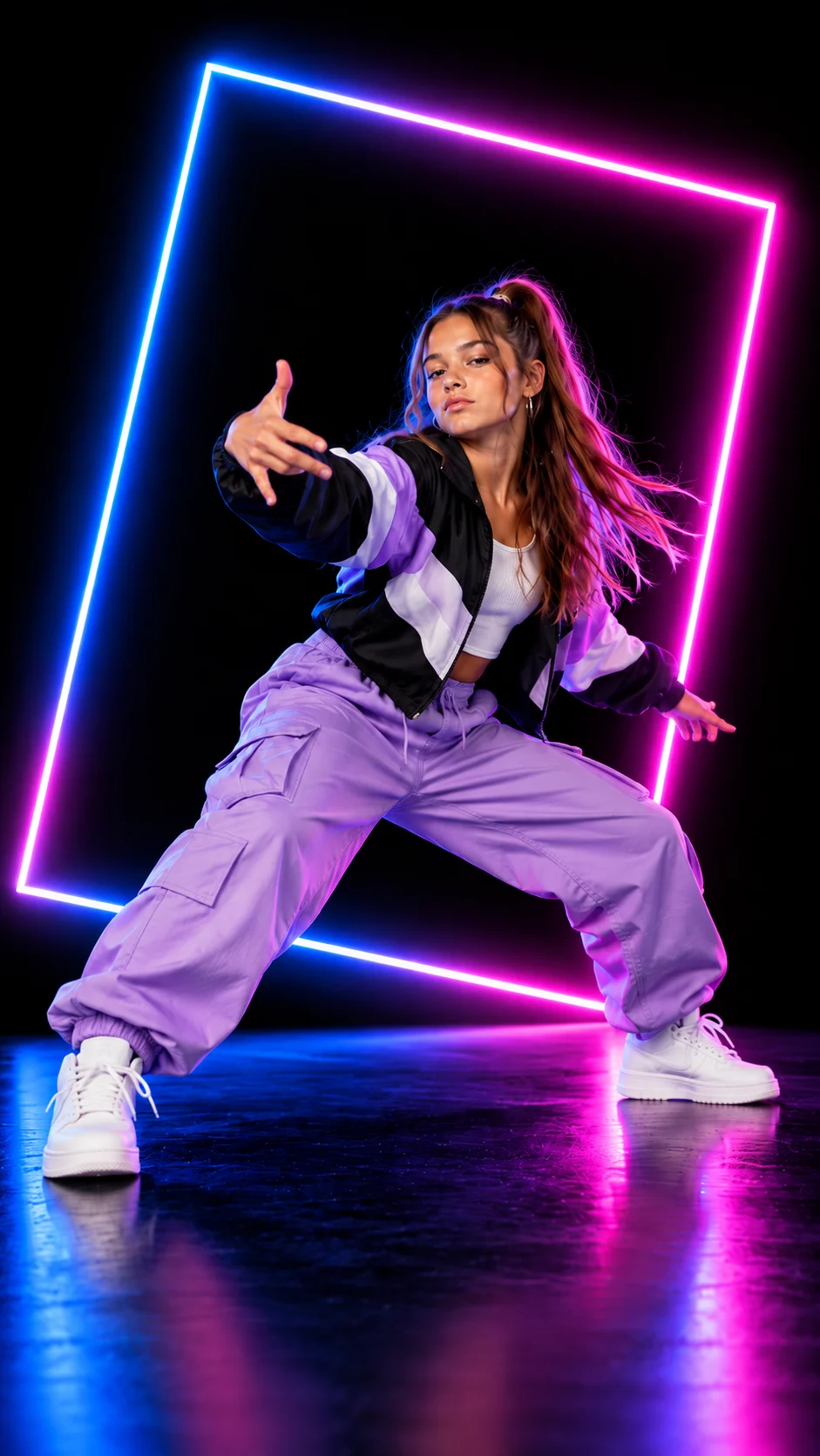 Een jonge vrouw met lang haar in een zwart-wit jasje en lila cargobroek danst in een neonkader