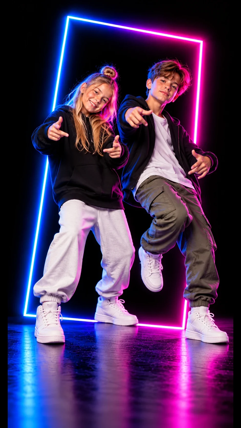 Een jongen en een meisje dansen samen in een neonkader