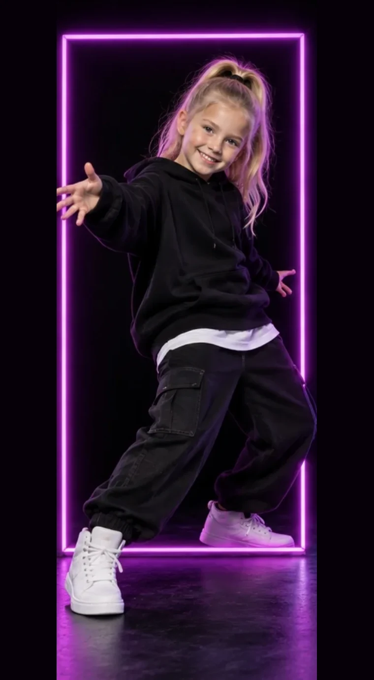Een meisje met een blonde paardenstaart in een zwarte hoodie danst in een neonkader