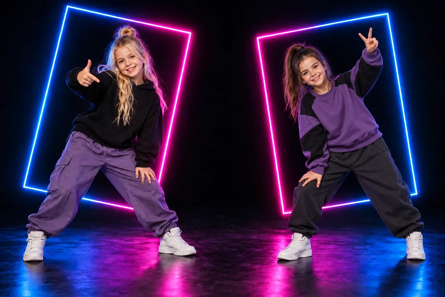 Twee jonge dansers in hiphopkleding poseren voor blauw en roze neonlicht